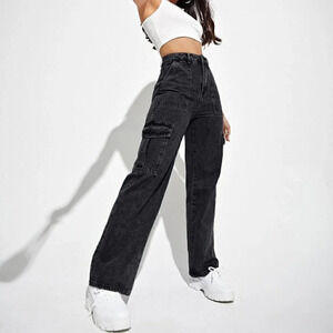 Black Casual Womens High Waist Flap Pocket Side Cargo Jeans